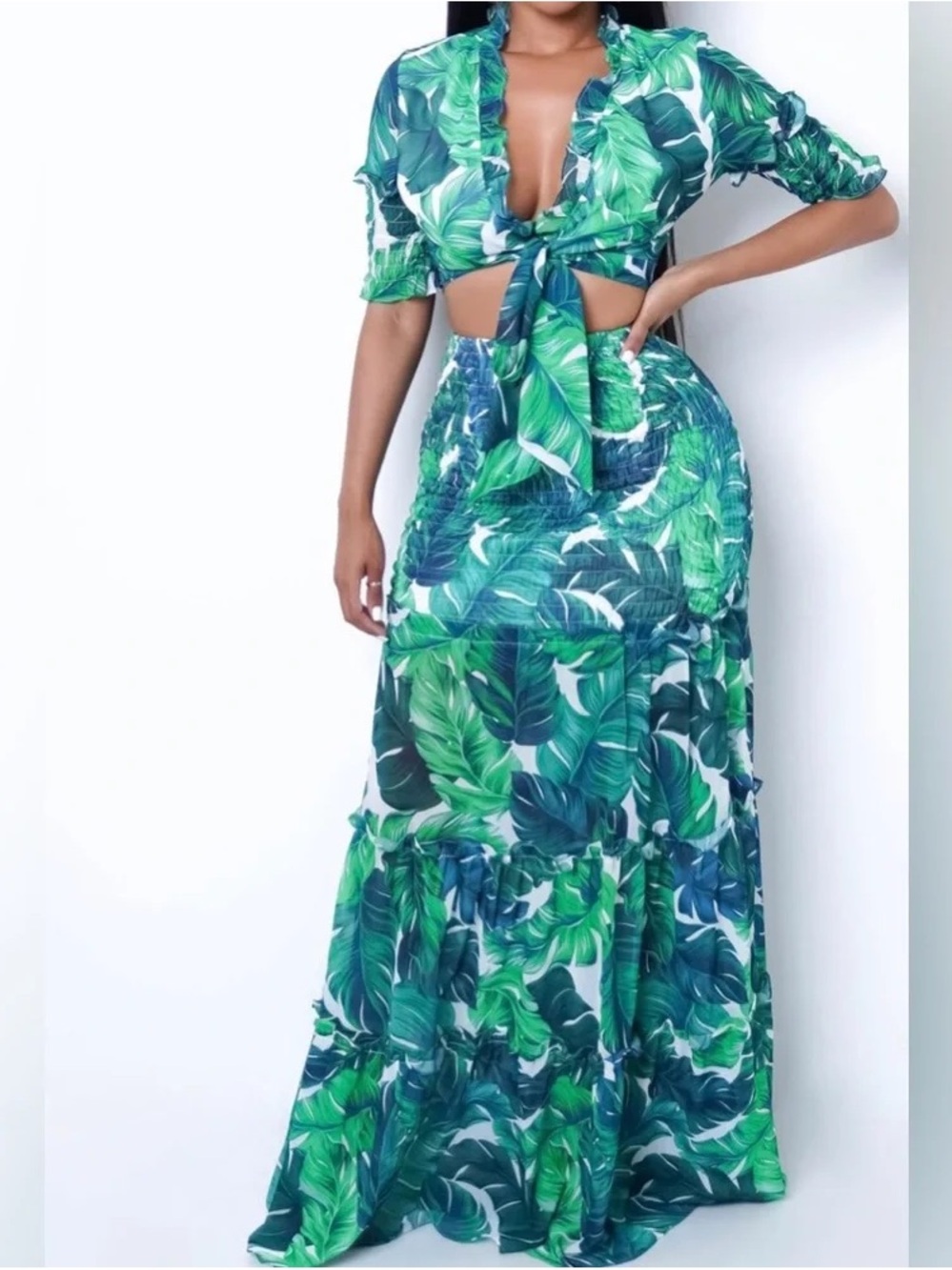 2pc Banjul Women’s Green Tropical Leaf Tie-Front Maxi Skirt Shirt Set